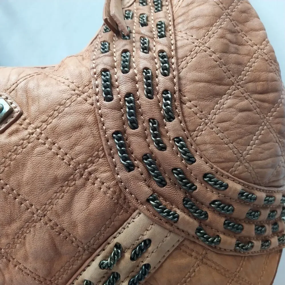 Isabella Fiore Tan Brown Learher Stitching Zipper Closure Hobo Shoulder Bag